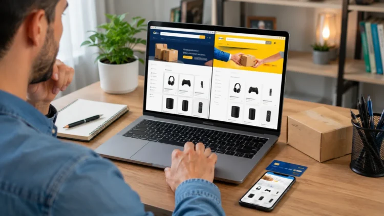 Notebook exibindo lado a lado as páginas iniciais da Amazon e do Mercado Livre, enquanto uma pessoa compara preços do mesmo produto. Sobre a mesa há um smartphone, cartão bancário e uma pequena caixa de entrega.