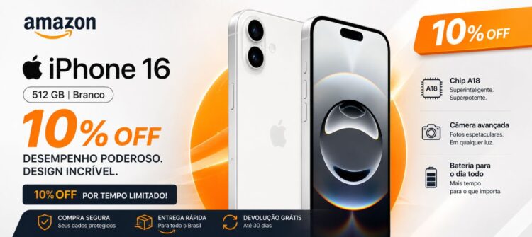 Apple iPhone 16 (512 GB) Branco com 10% OFF na Amazon
