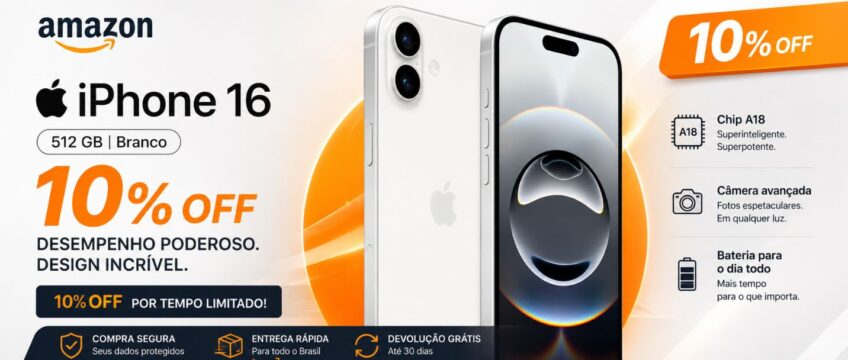 Apple iPhone 16 (512 GB) Branco com 10% OFF na Amazon