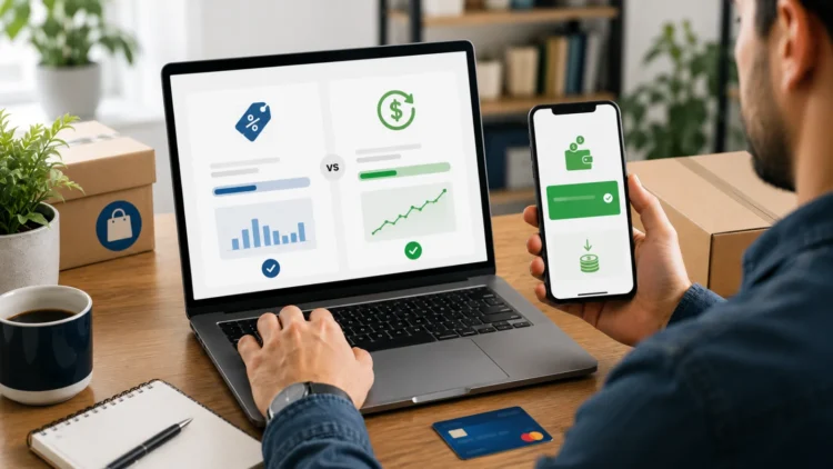 Consumidor comparando duas ofertas em um notebook: uma com desconto imediato e outra com cashback. Ao lado, um smartphone mostra um saldo de cashback disponível, representando a análise entre diferentes formas de economia.