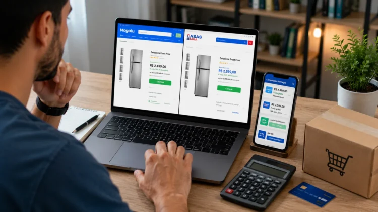 Consumidor comparando o mesmo eletrodoméstico nas páginas do Magalu e das Casas Bahia em um notebook. Ao lado, um smartphone exibe um comparador de preços, cupons de desconto e cashback, enquanto uma calculadora e uma caixa de entrega reforçam o contexto de compras online.