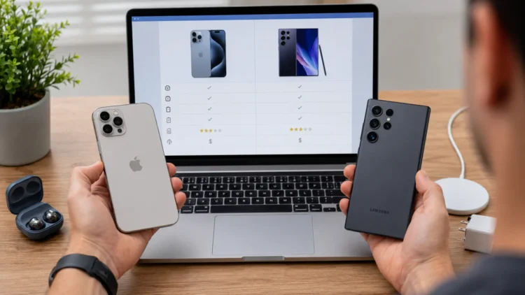 Pessoa segurando um iPhone em uma mão e um smartphone Samsung Galaxy na outra, enquanto um notebook exibe uma tabela comparando especificações, preço e recursos dos dois aparelhos.