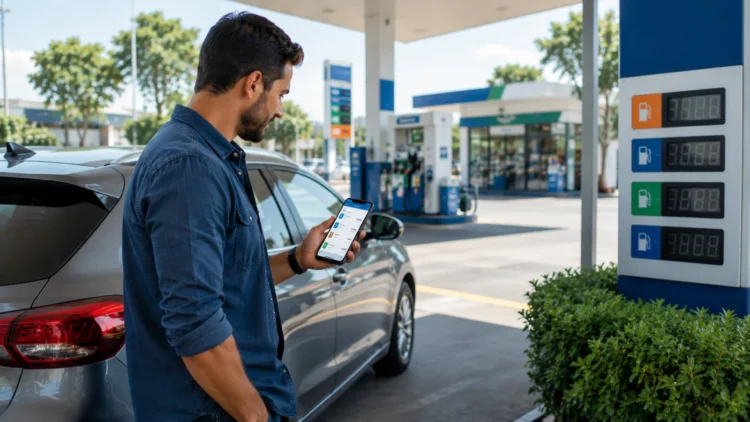 Motorista comparando preços do combustivel em um posto de combustivel