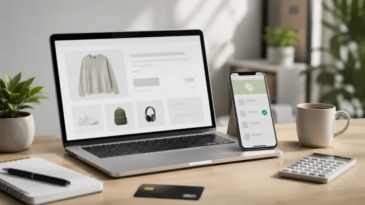 Notebook ao centro, celular com lista de cupons, cartão de crédito sobre a mesa e elementos gráficos discretos remetendo à economia.