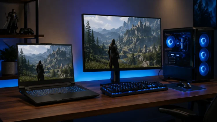 Mesa gamer moderna com um notebook gamer aberto ao lado de um desktop equipado com monitor, teclado mecânico e mouse gamer. Na tela dos dois equipamentos aparece o mesmo jogo em execução, destacando a comparação entre desempenho e portabilidade.