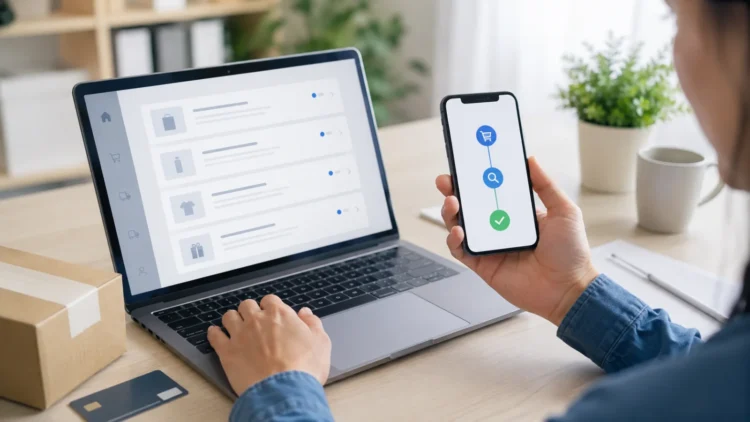 Pessoa acompanhando o status de um cashback em um smartphone enquanto utiliza um notebook para consultar uma compra online. Na tela do celular aparece uma linha do tempo com os status "Compra registrada", "Em análise" e "Cashback aprovado