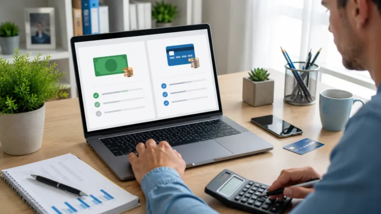 Pessoa analisando duas opções de pagamento em um notebook: à vista com desconto e parcelado no cartão de crédito. Ao lado, uma calculadora, cartão bancário e planilha financeira ajudam a representar a comparação entre as formas de pagamento.