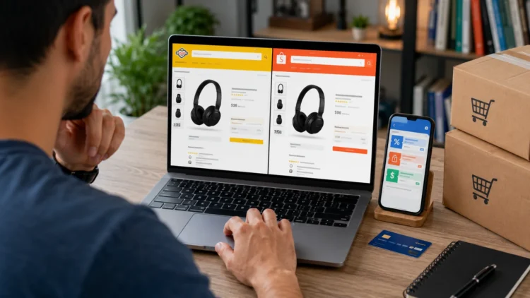 Pessoa comparando o mesmo produto nas páginas do Mercado Livre e da Shopee em um notebook. Ao lado, um smartphone exibe cupons de desconto e cashback, enquanto caixas de entrega reforçam o contexto de compras online.