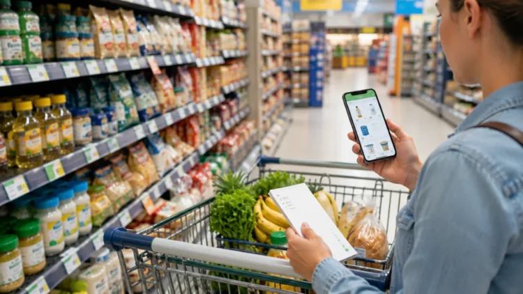 Pessoa comparando preços de produtos em um corredor de supermercado enquanto utiliza um aplicativo de ofertas no smartphone. No carrinho há itens essenciais e uma lista de compras em papel, transmitindo planejamento e consumo consciente.