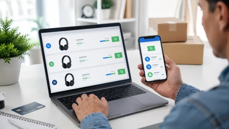Pessoa comparando preços em um notebook enquanto utiliza um smartphone para consultar cupons de desconto e cashback. Na tela do computador aparecem diferentes lojas exibindo o mesmo produto, destacando a comparação antes da compra.