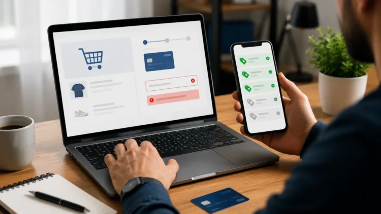 Pessoa finalizando uma compra em um notebook enquanto observa a mensagem "Cupom inválido" na tela. Ao lado, um smartphone mostra uma lista de cupons ativos, transmitindo a ideia de comparação entre códigos válidos e expirados.