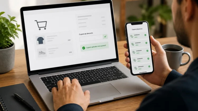 Pessoa navegando em um notebook em busca de cupons enquanto segura um smartphone exibindo uma lista de códigos promocionais válidos. Na tela do computador há um carrinho de compras e um campo de cupom sendo aplicado com sucesso.