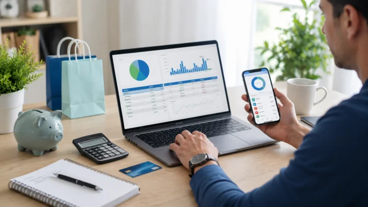 Pessoa organizando o orçamento em um notebook enquanto utiliza um aplicativo financeiro no smartphone. Sobre a mesa há um cofrinho, calculadora, caderno de planejamento, cartão bancário e sacolas de compras discretas, representando hábitos de consumo consciente.