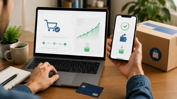 Pessoa realizando uma compra online em um notebook enquanto um smartphone exibe um aplicativo de cashback com saldo sendo creditado. Na tela do computador aparece um carrinho de compras finalizado e, ao lado, um gráfico simples indicando o retorno do dinheiro.
