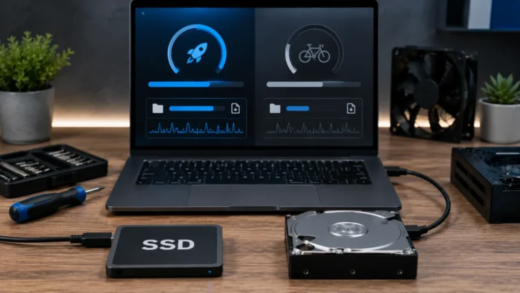 Um SSD e um HD posicionados lado a lado sobre uma mesa de trabalho, conectados a um notebook aberto que exibe gráficos ilustrando a diferença de velocidade de inicialização e transferência de arquivos.