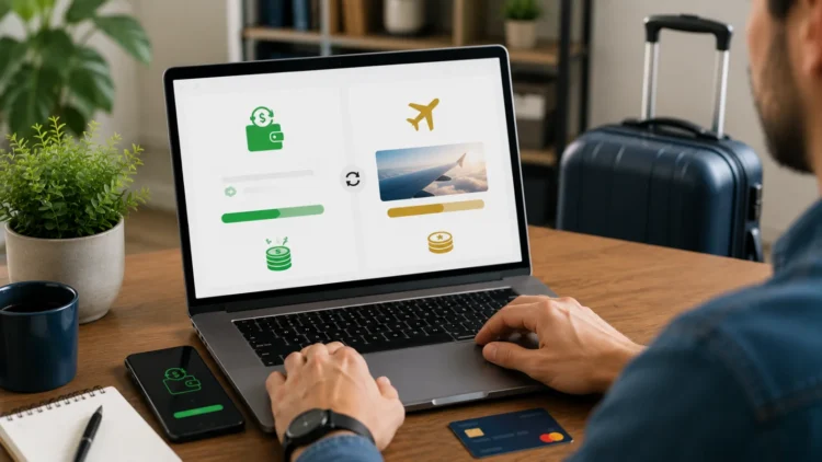Uma pessoa comparando duas opções de benefícios em um notebook. Em uma metade da tela aparece um aplicativo de cashback com saldo disponível; na outra, um programa de milhas exibindo pontos acumulados e uma passagem aérea como referência.