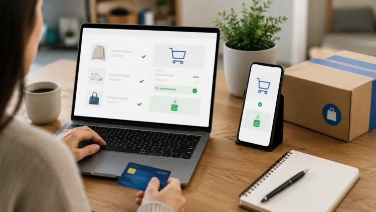Uma pessoa finalizando sua primeira compra em uma loja online pelo notebook enquanto aplica um cupom de desconto. Na tela aparece a confirmação do desconto, com um carrinho de compras reduzindo o valor total.
