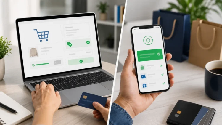 Uma tela dividida mostrando duas formas de economizar em uma compra online. À esquerda, um cupom de desconto sendo aplicado ao carrinho. À direita, um aplicativo exibindo um saldo de cashback disponível após uma compra concluída.