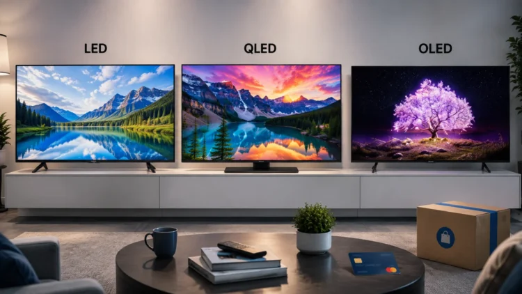 comparação visual premium mostrando três televisores modernos lado a lado, representando LED, QLED e OLED por características visuais distintas, em ambiente residencial contemporâneo, sem logos, marcas ou textos.